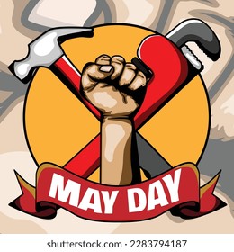 vector de brazo de mayday con martillo y llave
