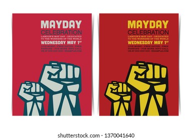 Mayday celebration event poster template with clenched fists. Vector illustration.