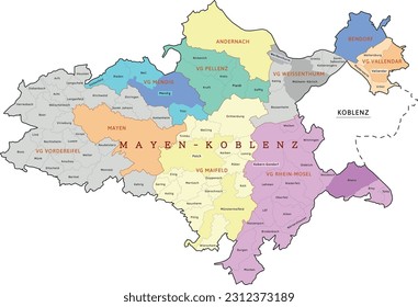 Mayen-Koblenz district map of Rhineland-Palatinate state. Federal Republic of Germany. Colored. Vector