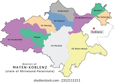 Mayen-Koblenz verbandsgemeinden  map of Rhineland-Palatinate state in Germany. Vectored. Colors shamrock, concrete, polo blue, drover, orchid, silver, caramel