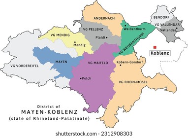 Mayen-Koblenz verbandsgemeinden  map of Rhineland-Palatinate state in Germany. Map with capitals. Vectored. Colors shamrock, concrete, polo blue, drover, orchid, silver, caramel