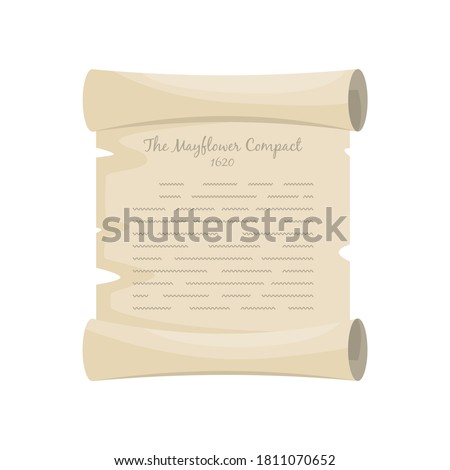 The Mayflower Compact 1620 old pergament. Cartoon vector illustration for Thanksgiving holiday.