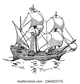 The Mayflower Was An English Ship Which Transported The Pilgrims To America,vintage Line Drawing Or Engraving Illustration.