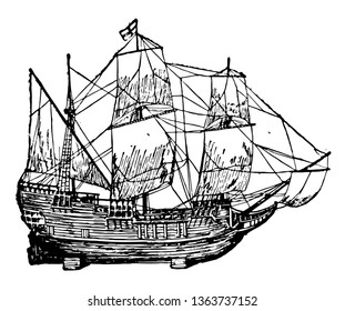 Mayflower in Plymouth harbor 1882 owned by Christopher jones vintage line drawing.