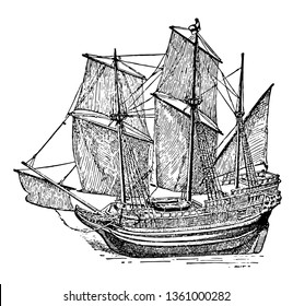 Mayflower was a ship with a beakhead bow and castle like structures with a 30 feet high stern vintage line drawing.