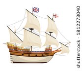 The Mayflower ship. Pilgrim ship. Cartoon vector illustration for Thanksgiving day holiday.