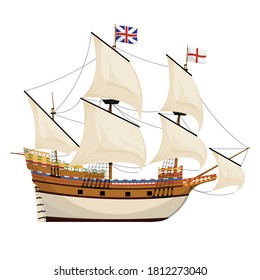 The Mayflower ship. Pilgrim ship. Cartoon vector illustration for Thanksgiving day holiday.