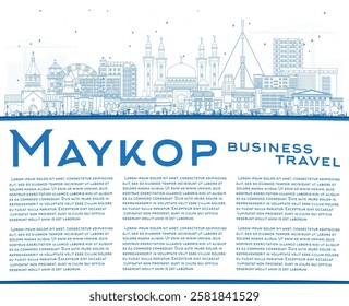 Maykop Russia city skyline with blue buildings and copy space. Vector illustration. Maykop cityscape with landmarks. Business travel and tourism concept with modern and historic architecture.