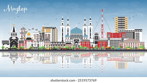 Maykop Russia city skyline with color buildings, blue sky and reflections. Vector illustration. Maykop cityscape with landmarks. Travel and tourism concept with modern and historic architecture.