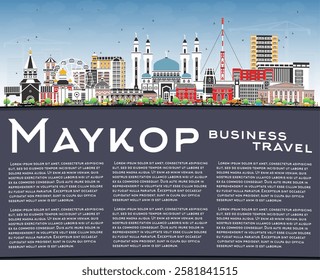 Maykop Russia city skyline with color buildings, blue sky and copy space. Vector illustration. Maykop cityscape with landmarks. Business travel, tourism concept with modern and historic architecture.