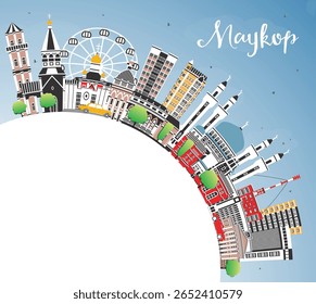 Maykop Russia city skyline with color buildings, blue sky and copy space. Vector illustration. Maykop cityscape with landmarks. Business travel, tourism concept with modern and historic architecture.