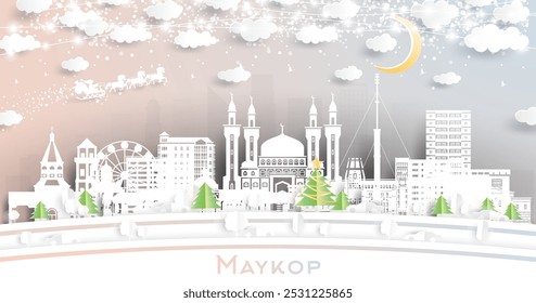 Maykop Russia. Winter city skyline in paper cut style with snowflakes, moon and neon garland. Christmas and new year concept. Santa Claus on sleigh. Maykop cityscape with landmarks.