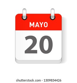 Mayo 20, May 20 date visible on a page a day organizer calendar in spanish Language