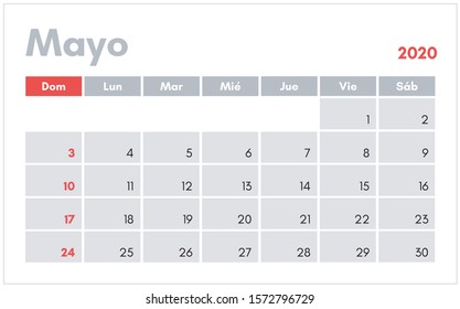 Mayo 2020. Calendario en espanol (May 2020 calendar in spanish) vector illustration for prints, templates and banners.