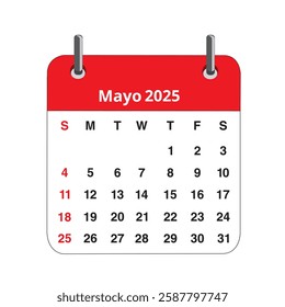 Mayo 2025 calendar page isolated on a white background (trad. May)