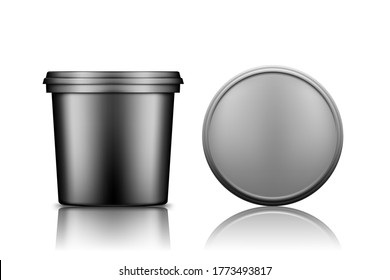 Mayo black bucket with cap top view mockup isolated on white background. Plastic package design. Blank food or decor product container template: ice cream, yoghurt, or paint. 3d vector illustration