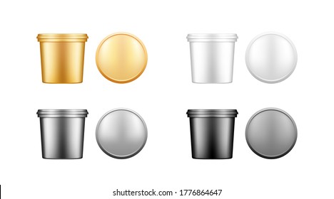 Mayo Eimer mit Cap-Top-Mockups. Plastikverpackungsdesign. Leeres Gold, Silber, Schwarz-Weiß-Lebensmittel, Muster für Dekocontainer: Eis, Jogurt, Farbe. 3D einzelne Vektorgrafik