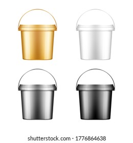 Mayo buckets with handle mockup. Plastic package design. Blank gold, silver, black, white food or construction product container template: ice cream, yoghurt, or paint. 3d isolated vector illustration