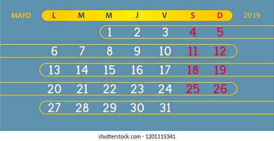 Mayo ( May ) Page 05 Month Premium 2019 Year Calendar Stylish Grid Spanish Classic Style. Luxury template vector design