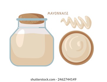 Mayo Sauce. Mayonnaise. Jar of sauce, bowl, Drip. Hand drawn doodle sketch isolated on white background. Flat vector Food template for menu, recipe, shop, cooking classes. Icon set for food packaging.