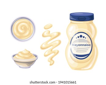Mayonnaise in bottle and bowl, sauce spilled strips and spots. Bowl mayonnaise top view. Vector illustration.
