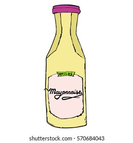 Mayonnaise bottle with hand drawn letters. Colorful sketching illustration.
