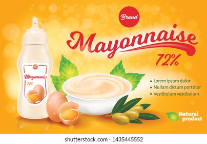 Mayonnaise Bottle and Plate with Product, Fresh Eggs, Olives, Natural Ingredients, Brand Template, Mayo Emblem for Groceries, Stores, Packaging and Advertising Banner, 3D Vector Realistic Illustration