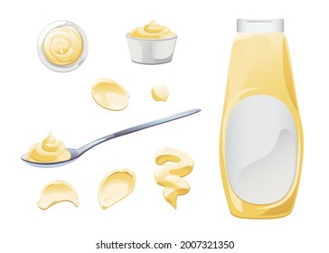 Mayonnaise in bowl, bottle, stains and splash set. Condiment white sauce icon set. Top and front view vector illustration.