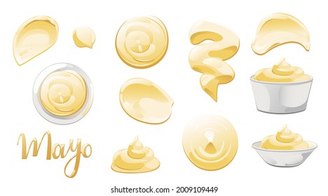 Mayonnaise in Schüssel, Flasche, Flecken und Splash Set. Konfektioniert weiße Sauce Symbol Set. Oben- und Frontansicht, Vektorgrafik.