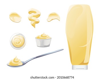 Mayonnaise in bowl, bottle, stains and splash set. Condiment white sauce icon set. Top and front view vector illustration.