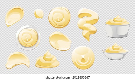 Mayonnaise in bowl, bottle, stains and splash set. Condiment white sauce icon set. Top and front view vector illustration.