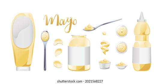 Mayonnaise in bowl, bottle, stains and splash set. Condiment white sauce icon set. Top and front view vector illustration.