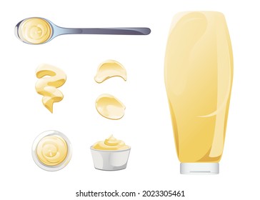 Mayonnaise in Schüssel, Flasche, Flecken und Splash Set. Konfektioniert weiße Sauce Symbol Set. Oben- und Frontansicht, Vektorgrafik.