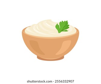 Mayonnaise in bowl isolated on white background. Vector cartoon flat illustration.