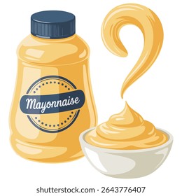 Mayonnaise in bowl isolated vector illustration on white background