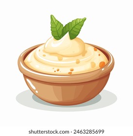 Mayonnaise in a Bowl Vector Icon Isolated on White Background. Round bowl filled with creamy mayonnaise. A single green leaf rests on top of the sauce. Illustration is isolated on a white background