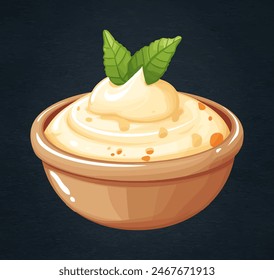 Mayonnaise in a Bowl Vector Icon Isolated on Black Chalkboard Background. Round bowl filled with creamy mayonnaise. A single green leaf rests on top of the sauce