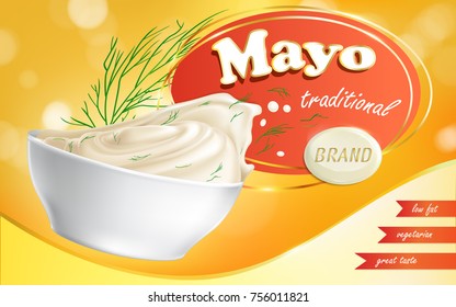 Mayonnaise brand in a plate with a low fat content and text next to it in a realistic style, vector illustration. Advertisement, sample, template.