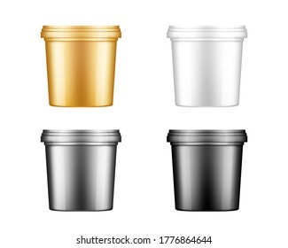 Mayonnaise buckets with cap mockup. Plastic package design. Blank gold, silver, black and white food or decor product container template: ice cream, yoghurt, or paint. 3d isolated vector illustration