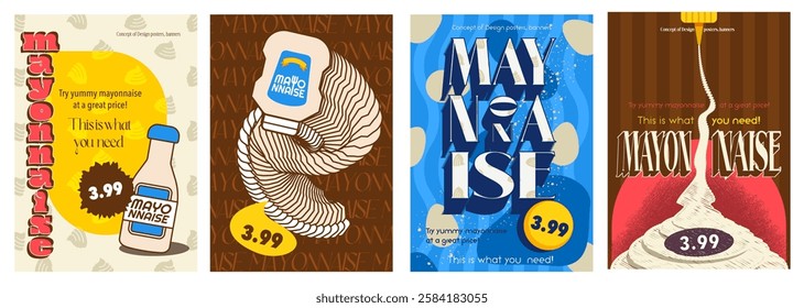 Mayonnaise cover typography template for advertising design. Food posters and greeting cards with condiment sauce in plastic bottle, pouring cream, eggs ingredient, grocery menu. Vector illustration.