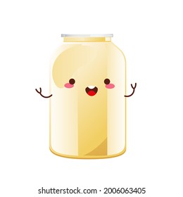 Mayonnaise cute character in glass bottle. Jar with white sauce. Condiment container in cartoon style. Vector illustration.