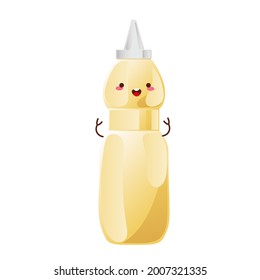 Mayonnaise cute character in glass bottle. Jar with white sauce. Condiment container in cartoon style. Vector illustration.