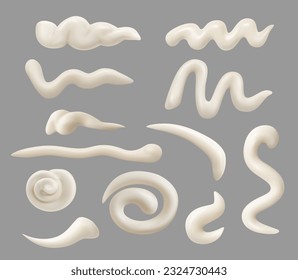 Mayonnaise drops, spills and splashes, stains, smears and spatter. Isolated realistic 3d vector set of mayo, cheese sauce or vanilla cream drips. Strokes, swirls, blobs of yoghurt or cosmetic mousse