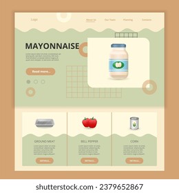 Mayonnaise flache Landing Page Website Vorlage. Erdfleisch, Glockenpfeffer, Mais. Webbanner mit Header, Inhalt und Fußzeile. Vektorgrafik.