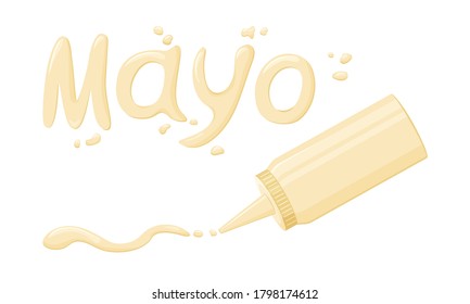 Mayonnaise Schriftart und Drops. Briefe mit Sauce und Plastikflasche. Vektorgrafik