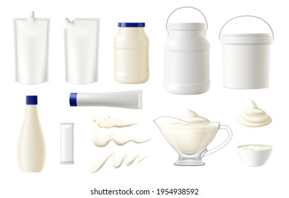 Mayonnaise food packages vector mockups, realistic blank pouches, white plastic bags, packs and doypacks with spouts. Isolated boxes, buckets, jar, tube and bottle, sachet and bowl of mayonnaise sauce