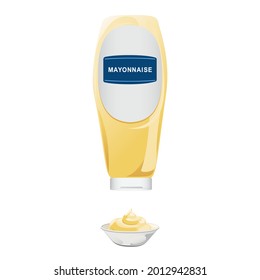 Mayonnaise in glass bottle with ceramic bowl. Jar with white sauce. Condiment container in cartoon style. Vector illustration.
