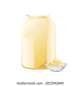 Mayonnaise in glass bottle with ceramic bowl. Jar with white sauce. Condiment container in cartoon style. Vector illustration.