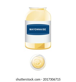 Mayonnaise in glass bottle with ceramic bowl. Jar with white sauce. Condiment container in cartoon style. Vector illustration.