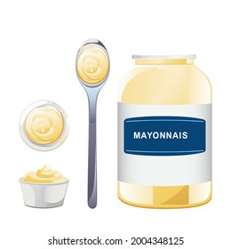 Mayonnaise in glass bottle with spoon set. Jar with white sauce. Condiment container in cartoon style. Vector illustration.